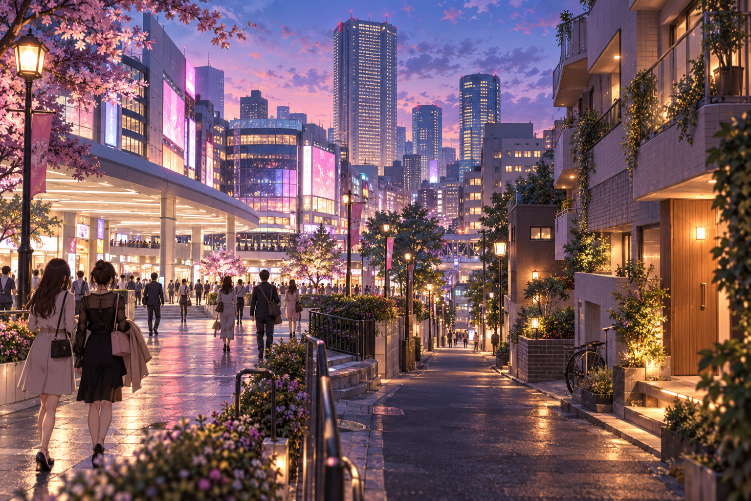 池袋での夜の暮らしを描いたAI生成イラスト。実際の物件・景観の写真ではありません。
