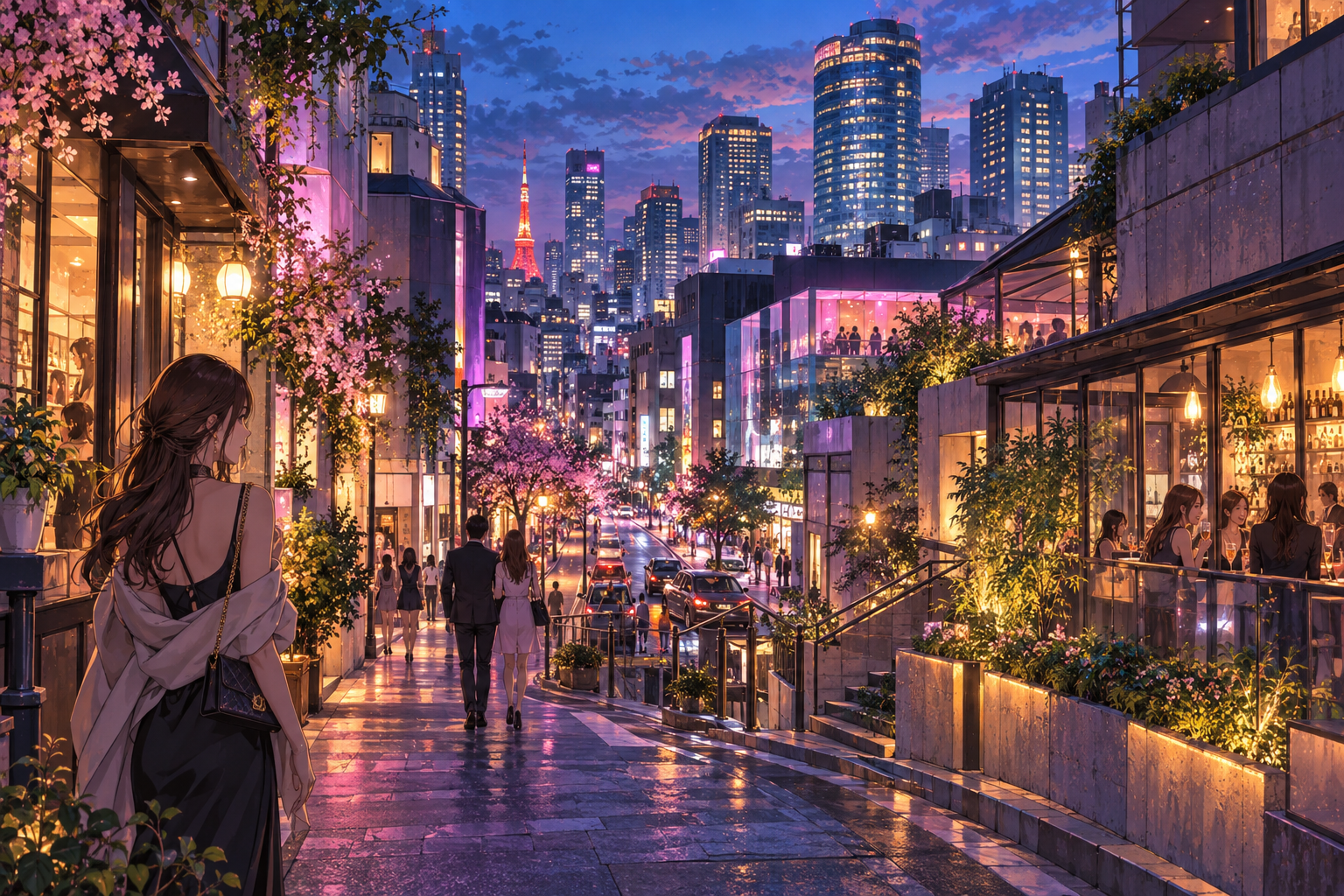 六本木での夜の暮らしを描いたAI生成イラスト。実際の物件・景観の写真ではありません。