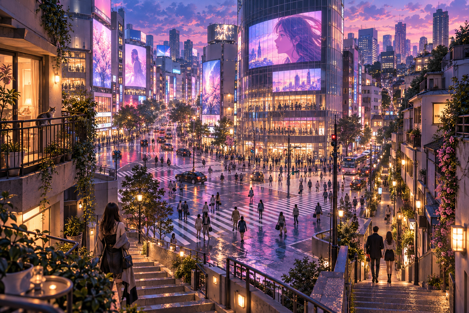 渋谷での夜の暮らしを描いたAI生成イラスト。実際の物件・景観の写真ではありません。