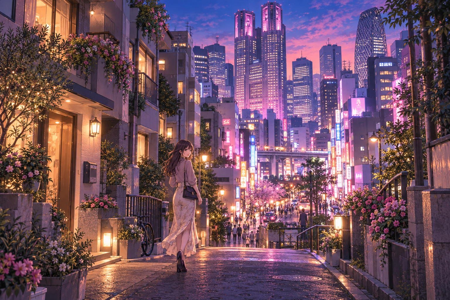 新宿での夜の暮らしを描いたAI生成イラスト。実際の物件・景観の写真ではありません。